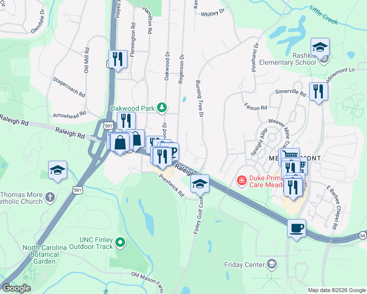 map of restaurants, bars, coffee shops, grocery stores, and more near 804 Oak Tree Drive in Chapel Hill