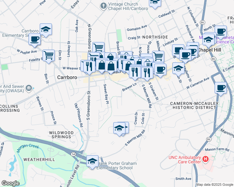 map of restaurants, bars, coffee shops, grocery stores, and more near 102 Hargraves Street in Carrboro