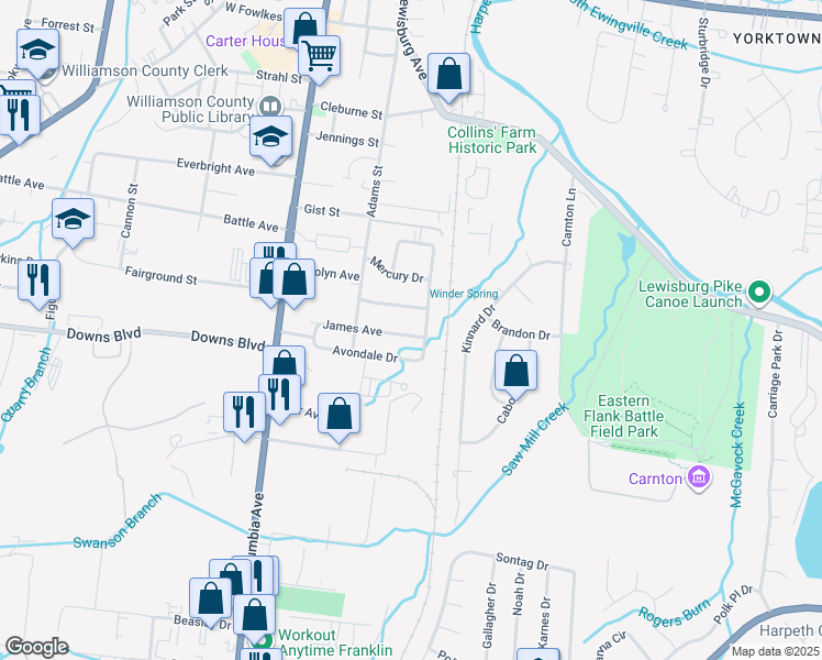map of restaurants, bars, coffee shops, grocery stores, and more near 315 James Avenue in Franklin