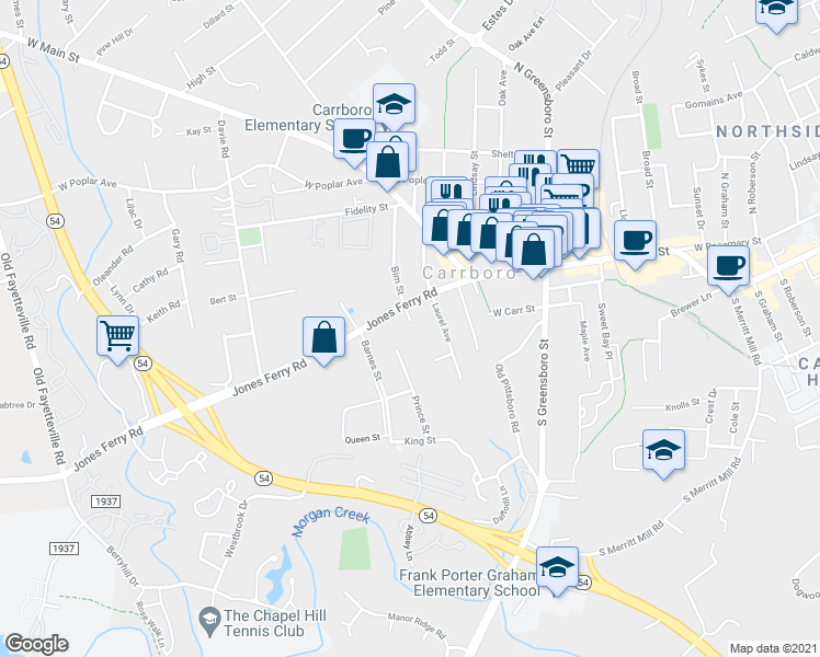 map of restaurants, bars, coffee shops, grocery stores, and more near 211 Jones Ferry Road in Carrboro