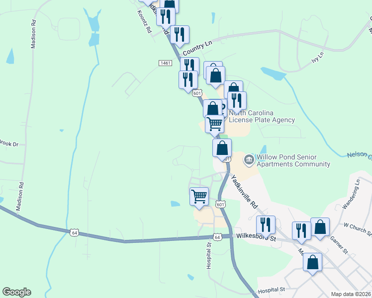 map of restaurants, bars, coffee shops, grocery stores, and more near 185 North Wentworth Drive in Mocksville