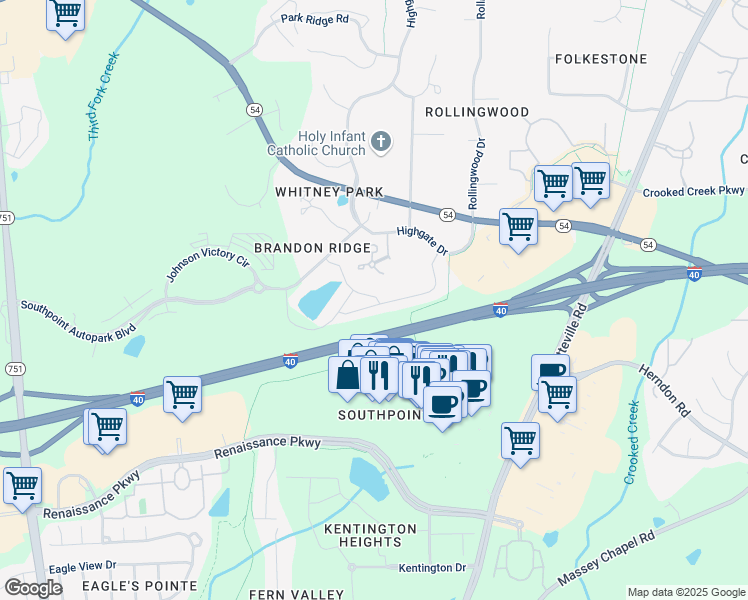 map of restaurants, bars, coffee shops, grocery stores, and more near 1401 Harrier Court in Durham
