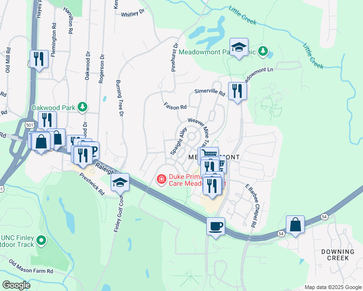 map of restaurants, bars, coffee shops, grocery stores, and more near 227 Oval Park Place in Chapel Hill