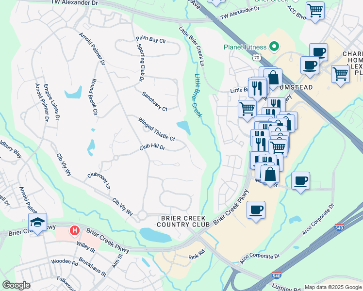 map of restaurants, bars, coffee shops, grocery stores, and more near 9001 Winged Thistle Court in Raleigh