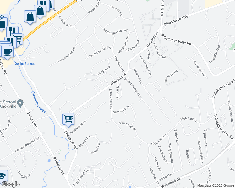map of restaurants, bars, coffee shops, grocery stores, and more near Abbott Lane in Knoxville