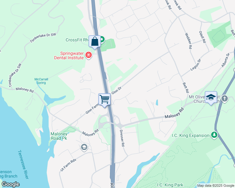 map of restaurants, bars, coffee shops, grocery stores, and more near 3300 Ginn Drive in Knoxville
