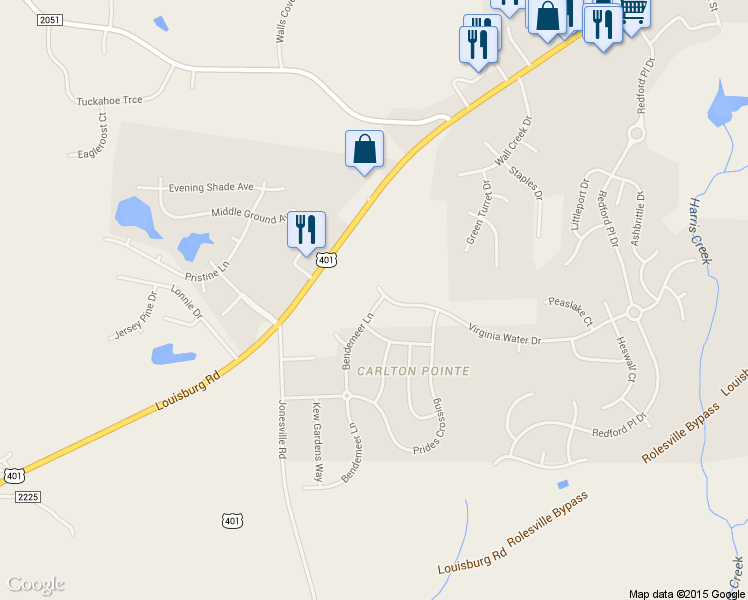 map of restaurants, bars, coffee shops, grocery stores, and more near 206 Bendemeer Lane in Rolesville