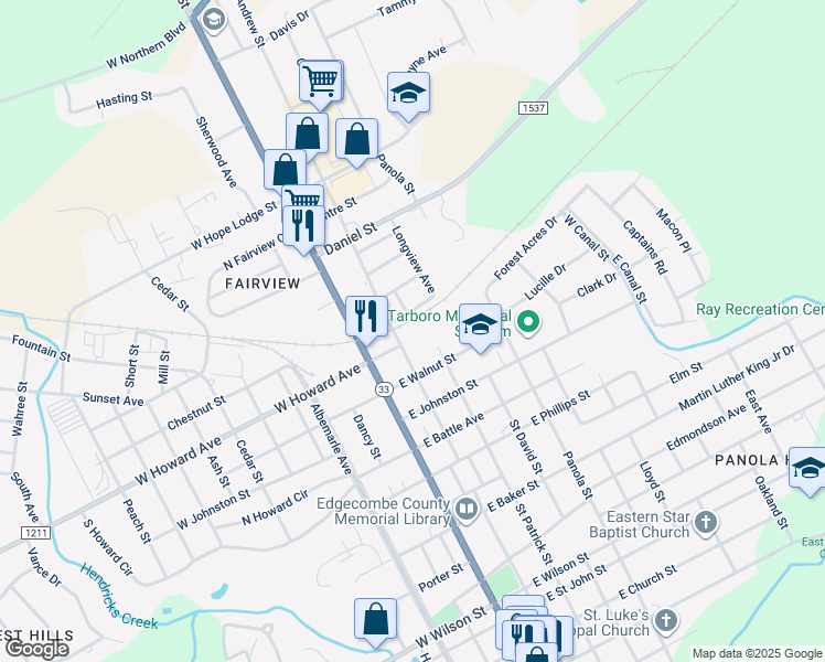 map of restaurants, bars, coffee shops, grocery stores, and more near 1503 Saint Andrew Street in Tarboro