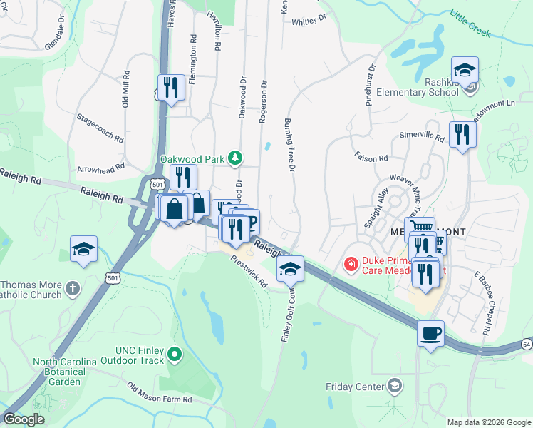 map of restaurants, bars, coffee shops, grocery stores, and more near 806 Oak Tree Drive in Chapel Hill