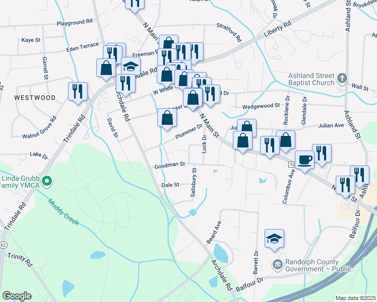 map of restaurants, bars, coffee shops, grocery stores, and more near 3706 Hudson Street in Archdale