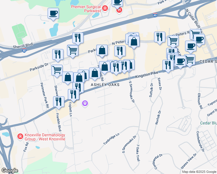 map of restaurants, bars, coffee shops, grocery stores, and more near 9523 Hidden Oak Way, in Knoxville