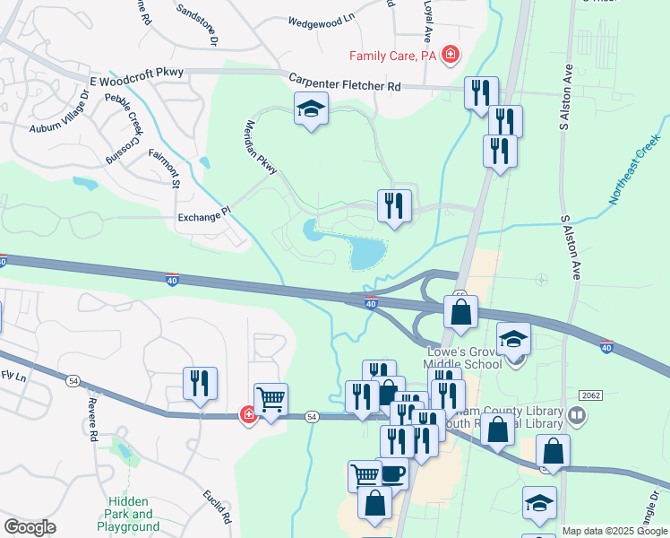 map of restaurants, bars, coffee shops, grocery stores, and more near 2543 Meridian Parkway in Durham