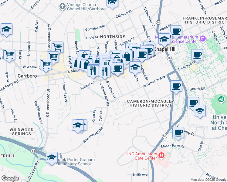 map of restaurants, bars, coffee shops, grocery stores, and more near 121 South Graham Street in Chapel Hill