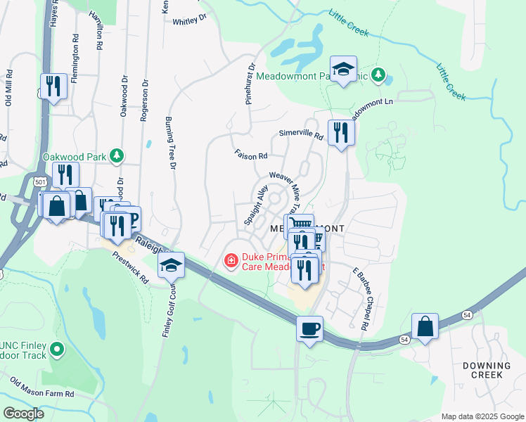 map of restaurants, bars, coffee shops, grocery stores, and more near 227 Oval Park Place in Chapel Hill