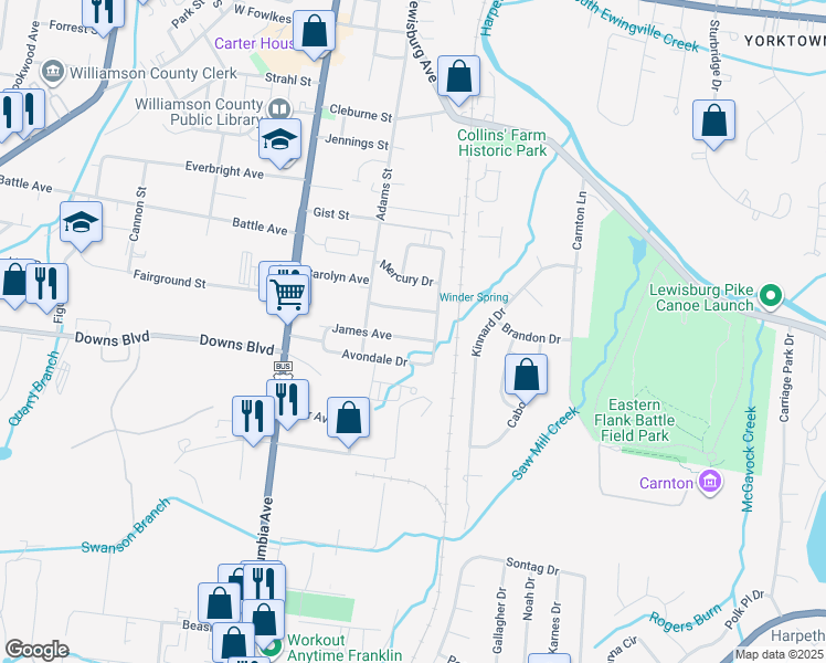 map of restaurants, bars, coffee shops, grocery stores, and more near 315 James Avenue in Franklin