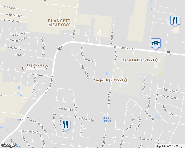 map of restaurants, bars, coffee shops, grocery stores, and more near 3122 Park Hill Road in Murfreesboro