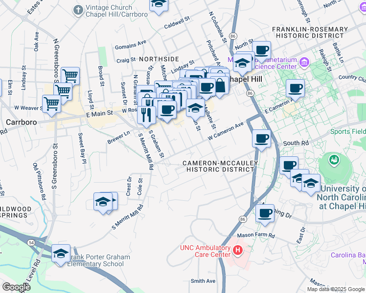 map of restaurants, bars, coffee shops, grocery stores, and more near 438 West Cameron Avenue in Chapel Hill