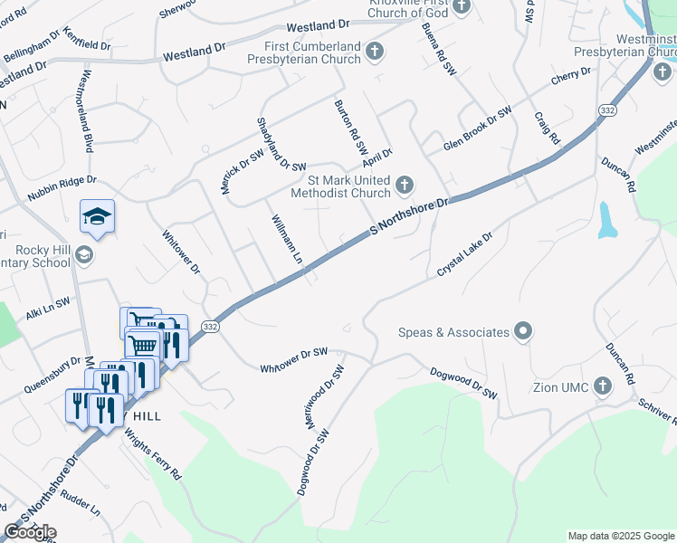 map of restaurants, bars, coffee shops, grocery stores, and more near 1411A Northshore Woods Drive in Knoxville