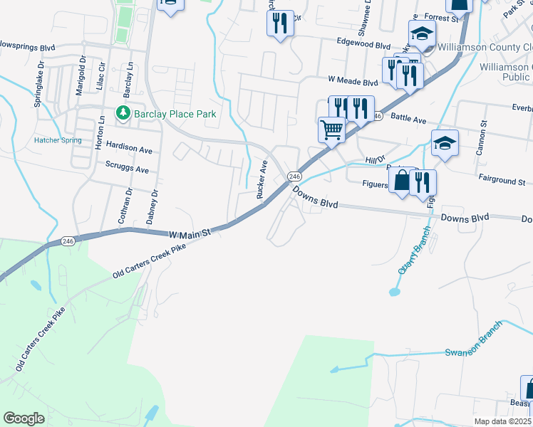 map of restaurants, bars, coffee shops, grocery stores, and more near 1704 West Main Street in Franklin