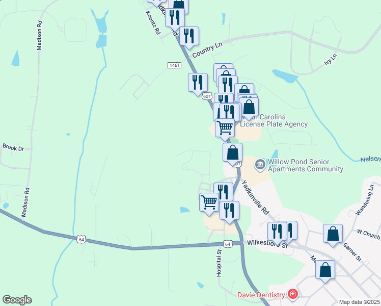 map of restaurants, bars, coffee shops, grocery stores, and more near 199 North Wentworth Drive in Mocksville