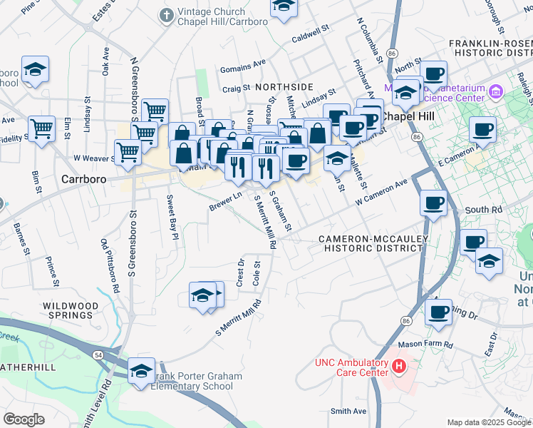 map of restaurants, bars, coffee shops, grocery stores, and more near 117 South Merritt Mill Road in Chapel Hill