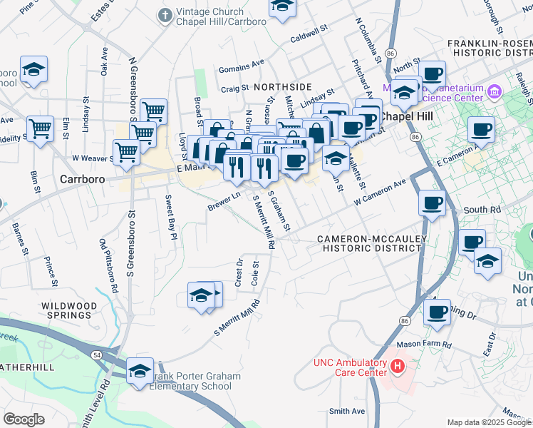 map of restaurants, bars, coffee shops, grocery stores, and more near 117 South Merritt Mill Road in Chapel Hill