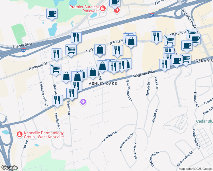 map of restaurants, bars, coffee shops, grocery stores, and more near 9523 Hidden Oak Way, in Knoxville