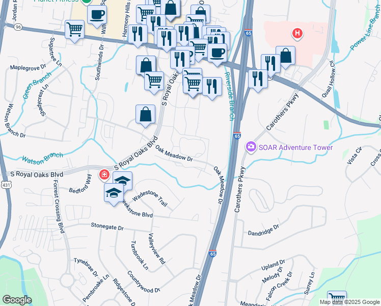 map of restaurants, bars, coffee shops, grocery stores, and more near 870 Oak Meadow Drive in Franklin