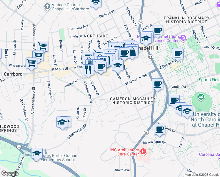 map of restaurants, bars, coffee shops, grocery stores, and more near 438 West Cameron Avenue in Chapel Hill