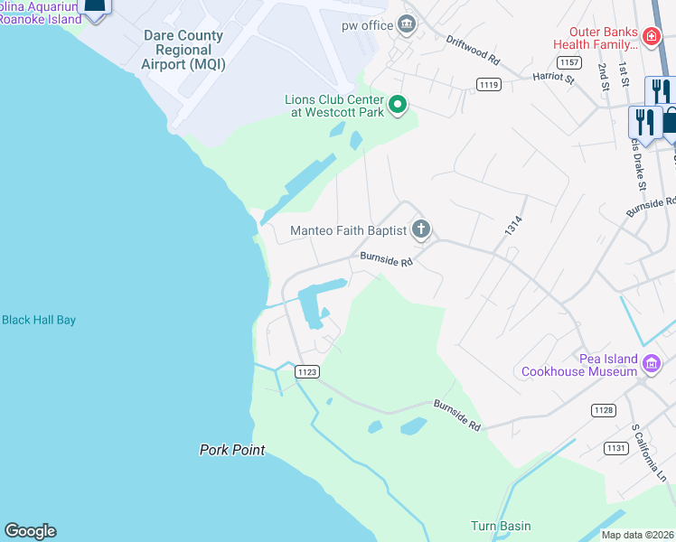 map of restaurants, bars, coffee shops, grocery stores, and more near 1096 Burnside Road in Manteo