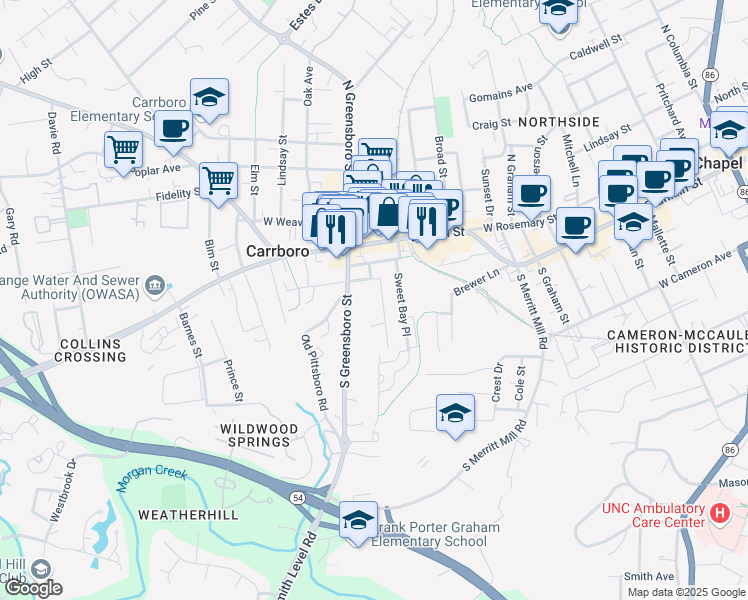 map of restaurants, bars, coffee shops, grocery stores, and more near 204 Maple Ave in Carrboro