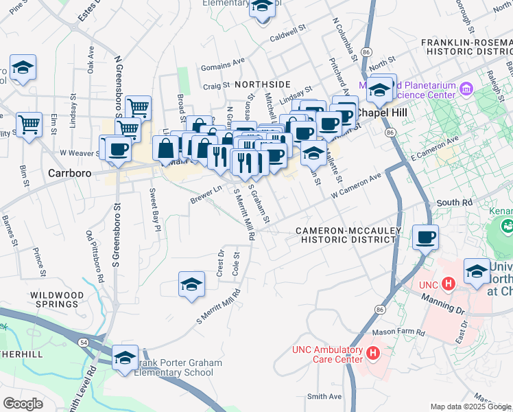 map of restaurants, bars, coffee shops, grocery stores, and more near 118 South Graham Street in Chapel Hill