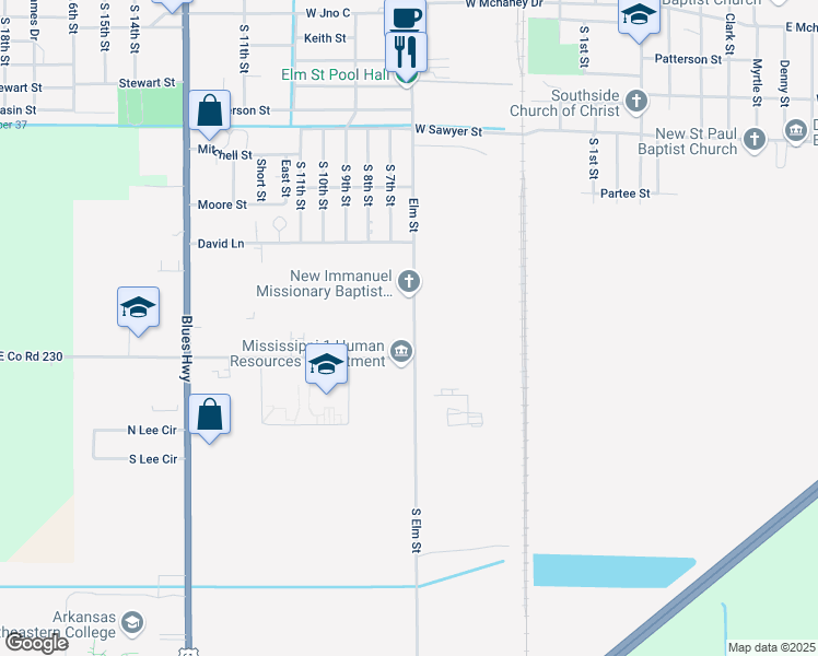 map of restaurants, bars, coffee shops, grocery stores, and more near 1433 South Elm Street in Blytheville