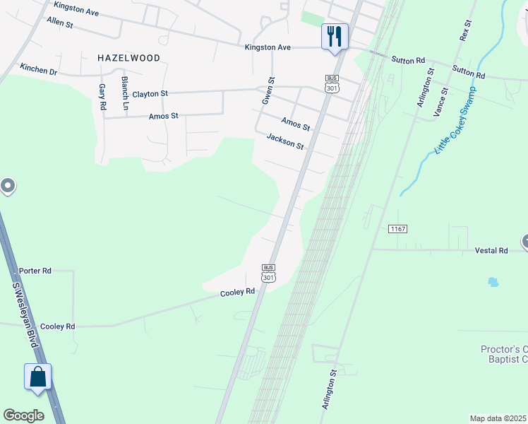 map of restaurants, bars, coffee shops, grocery stores, and more near Franks Road in Rocky Mount