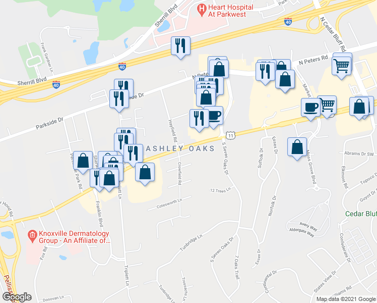 map of restaurants, bars, coffee shops, grocery stores, and more near 9523 Hidden Oak Way, in Knoxville