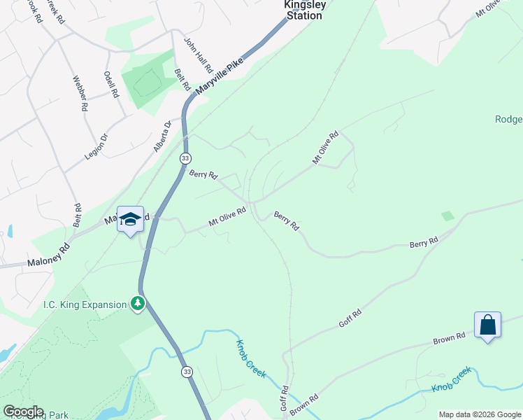 map of restaurants, bars, coffee shops, grocery stores, and more near 2126 Mount Olive Road in Knoxville
