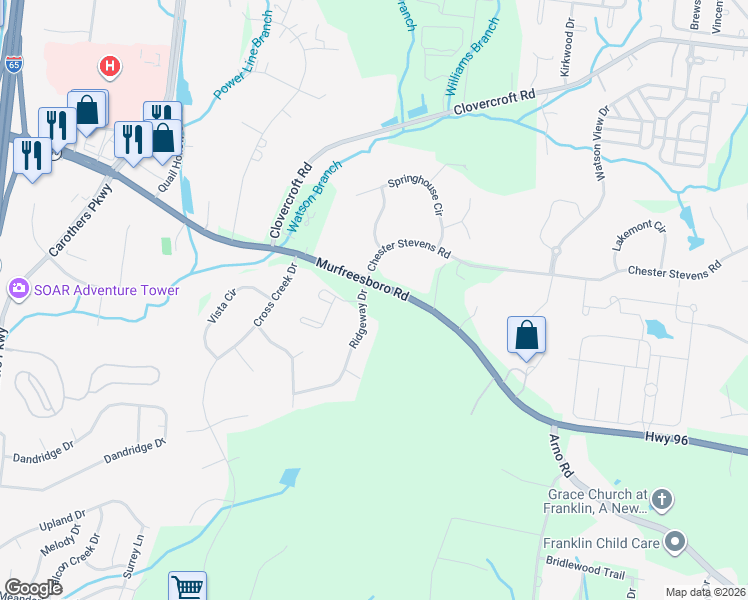 map of restaurants, bars, coffee shops, grocery stores, and more near 1101 Ridgeway Drive in Franklin