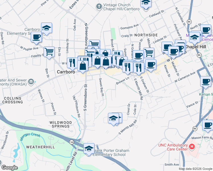 map of restaurants, bars, coffee shops, grocery stores, and more near 237 Sweet Bay Place in Carrboro
