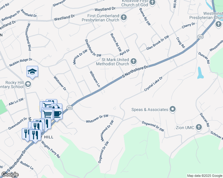 map of restaurants, bars, coffee shops, grocery stores, and more near 1411a Northshore Woods Drive in Knoxville