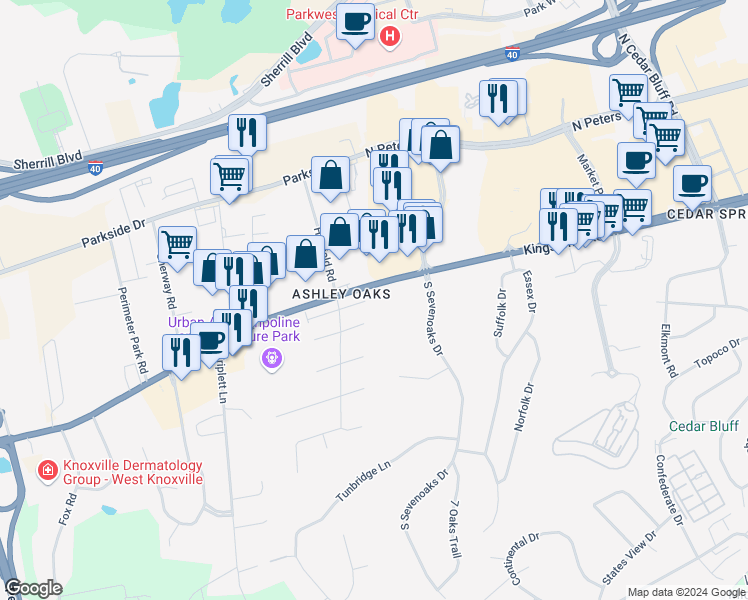 map of restaurants, bars, coffee shops, grocery stores, and more near 9523 Hidden Oak Way, in Knoxville