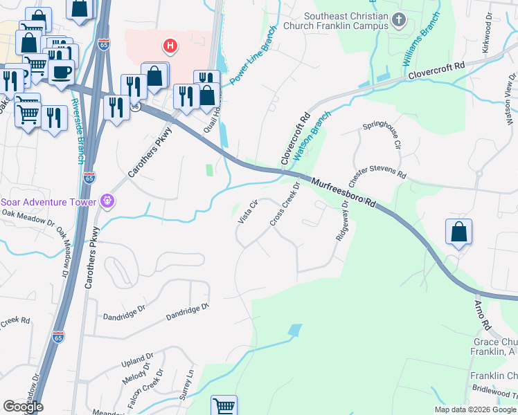 map of restaurants, bars, coffee shops, grocery stores, and more near 1005 Vista Circle in Franklin