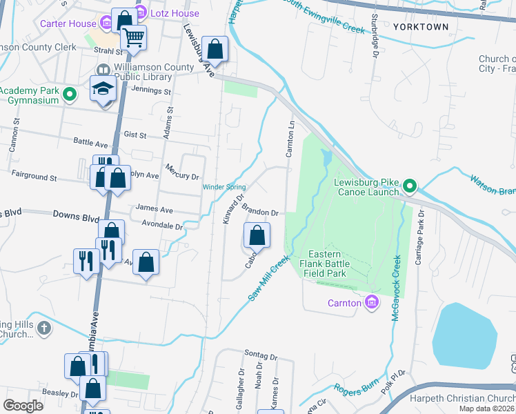 map of restaurants, bars, coffee shops, grocery stores, and more near 1116 Brandon Drive in Franklin