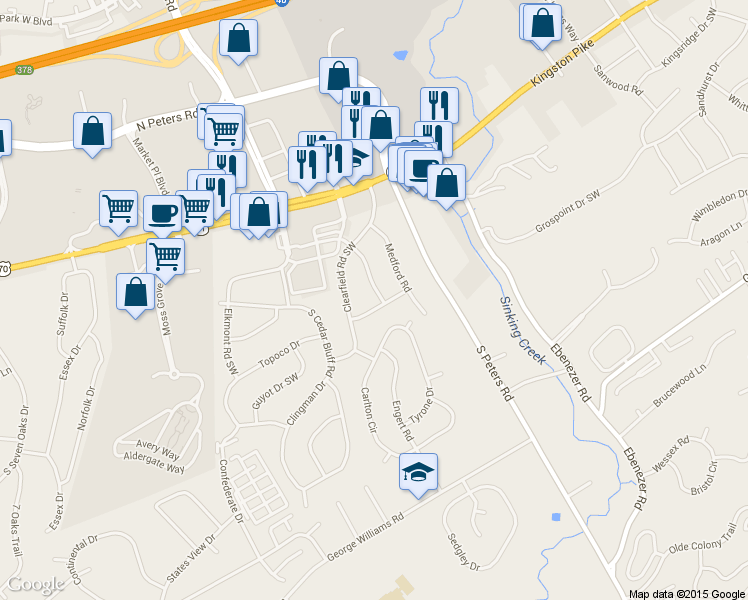 map of restaurants, bars, coffee shops, grocery stores, and more near 9013 Coburn Drive Southwest in Knoxville