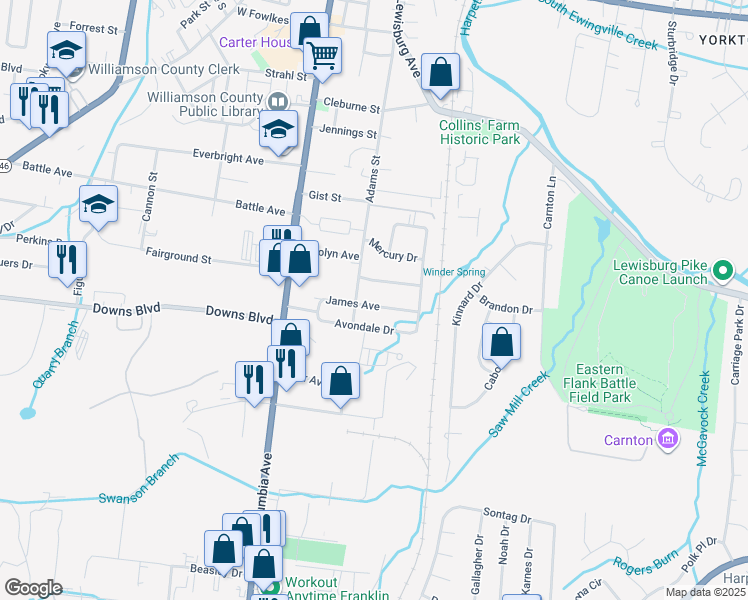 map of restaurants, bars, coffee shops, grocery stores, and more near 305 James Avenue in Franklin