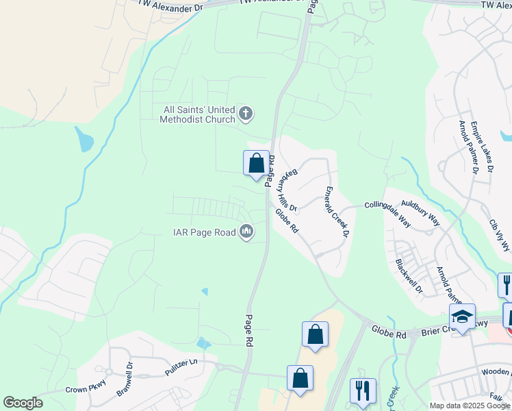map of restaurants, bars, coffee shops, grocery stores, and more near 3002 Page Road in Morrisville