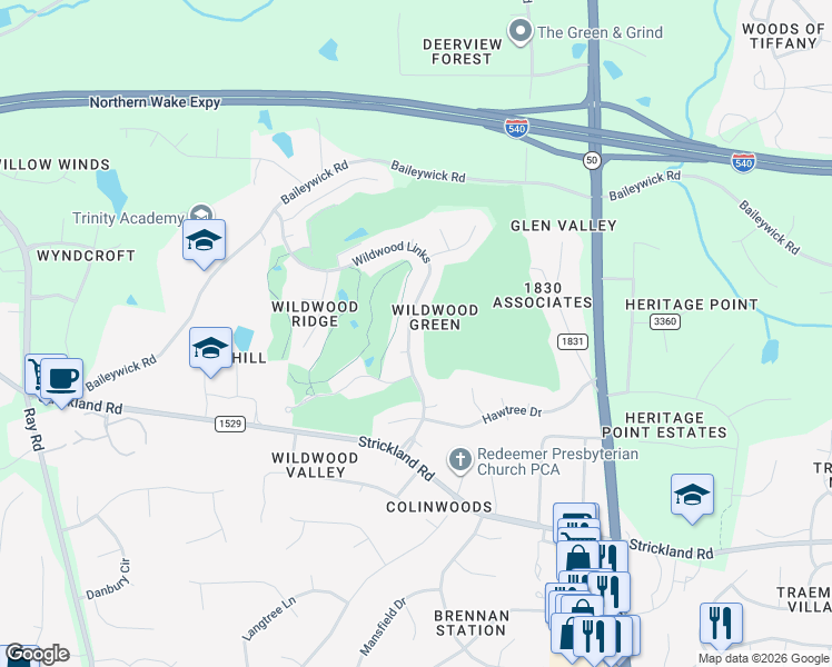 map of restaurants, bars, coffee shops, grocery stores, and more near 8820 Wildwood Links in Raleigh