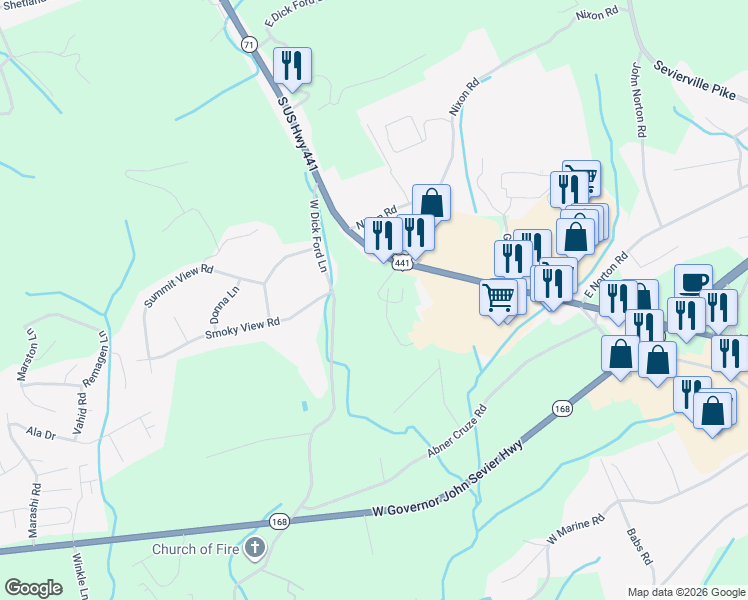 map of restaurants, bars, coffee shops, grocery stores, and more near 290 Quaker Way in Knoxville