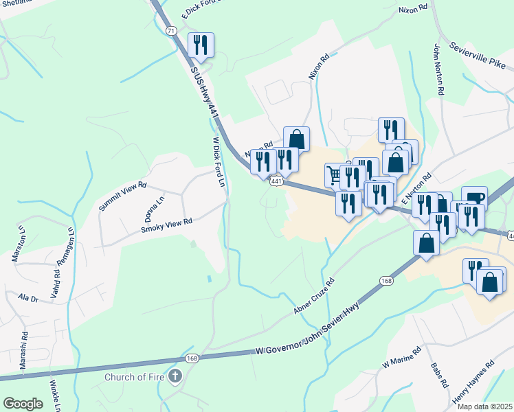 map of restaurants, bars, coffee shops, grocery stores, and more near 290 Quaker Way in Knoxville