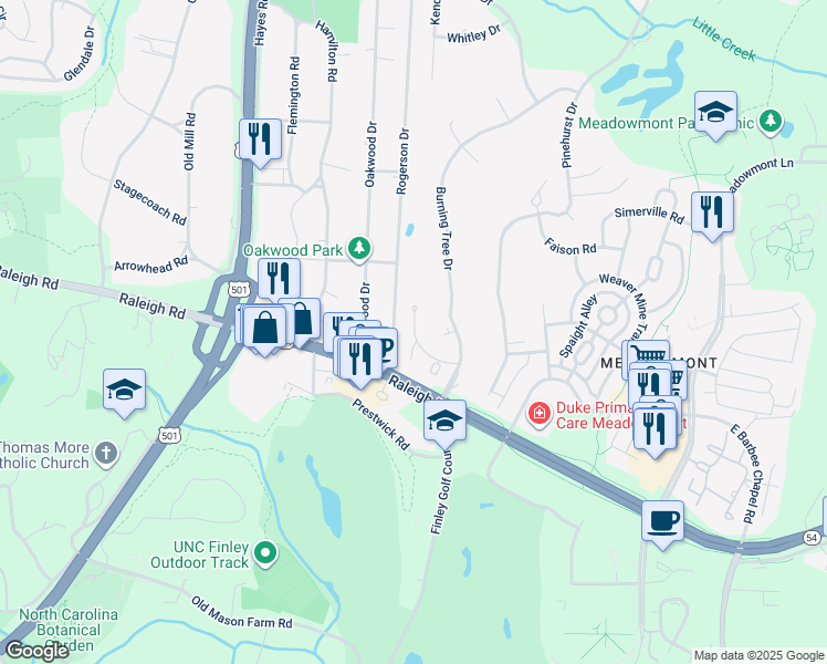 map of restaurants, bars, coffee shops, grocery stores, and more near 1201 Oak Tree Drive in Chapel Hill
