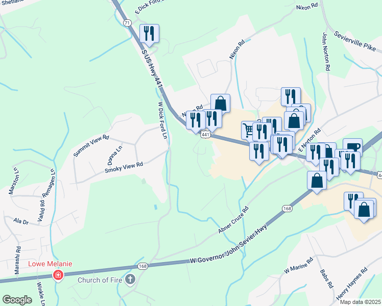 map of restaurants, bars, coffee shops, grocery stores, and more near 290 Quaker Way in Knoxville